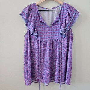 Cotton Bleu Ruffle Sleeve Split Neck